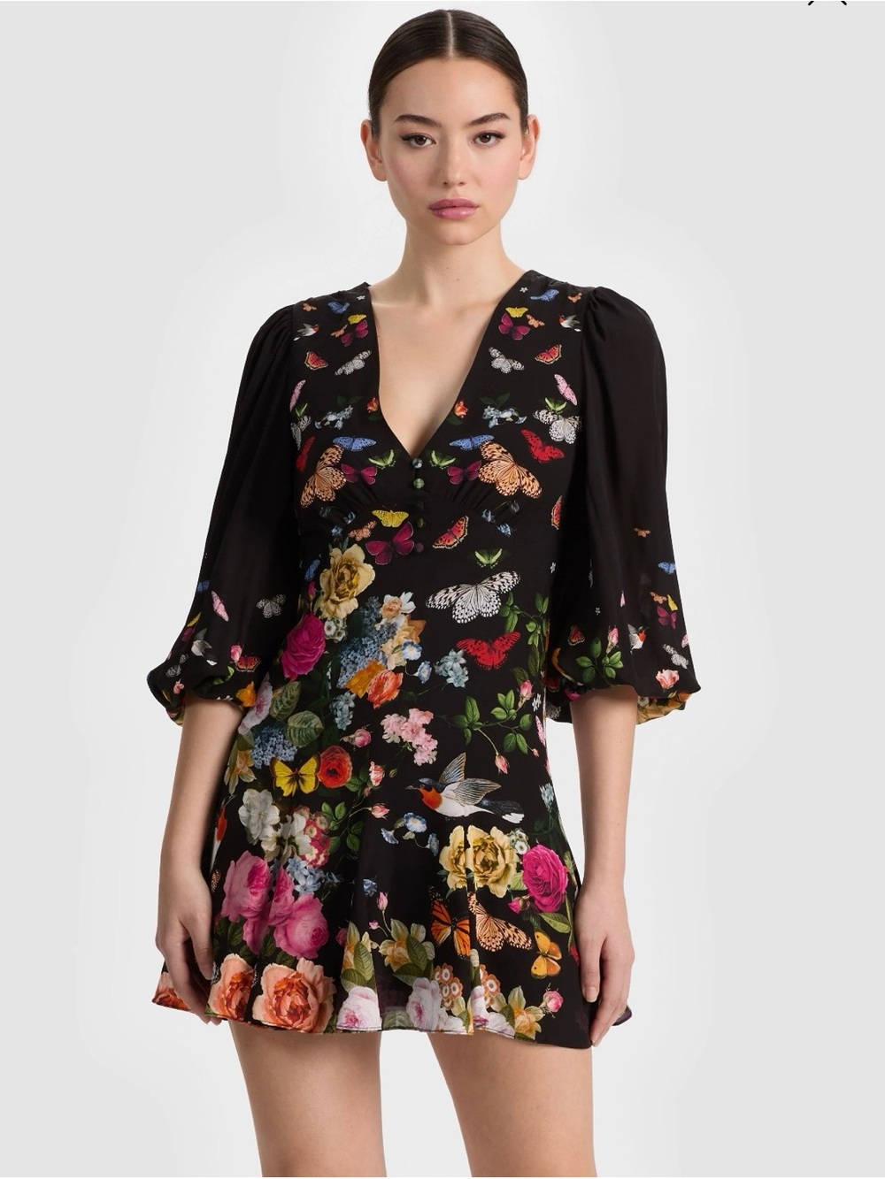 Alice + Olivia Irene Black Floral Butterfly V-Neck Balloon Sleeve Mini Dress - 8